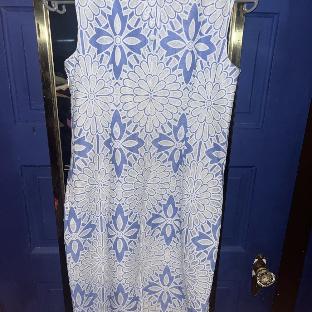 Talbots White and Blue Sheath Midi Dress for Weddings